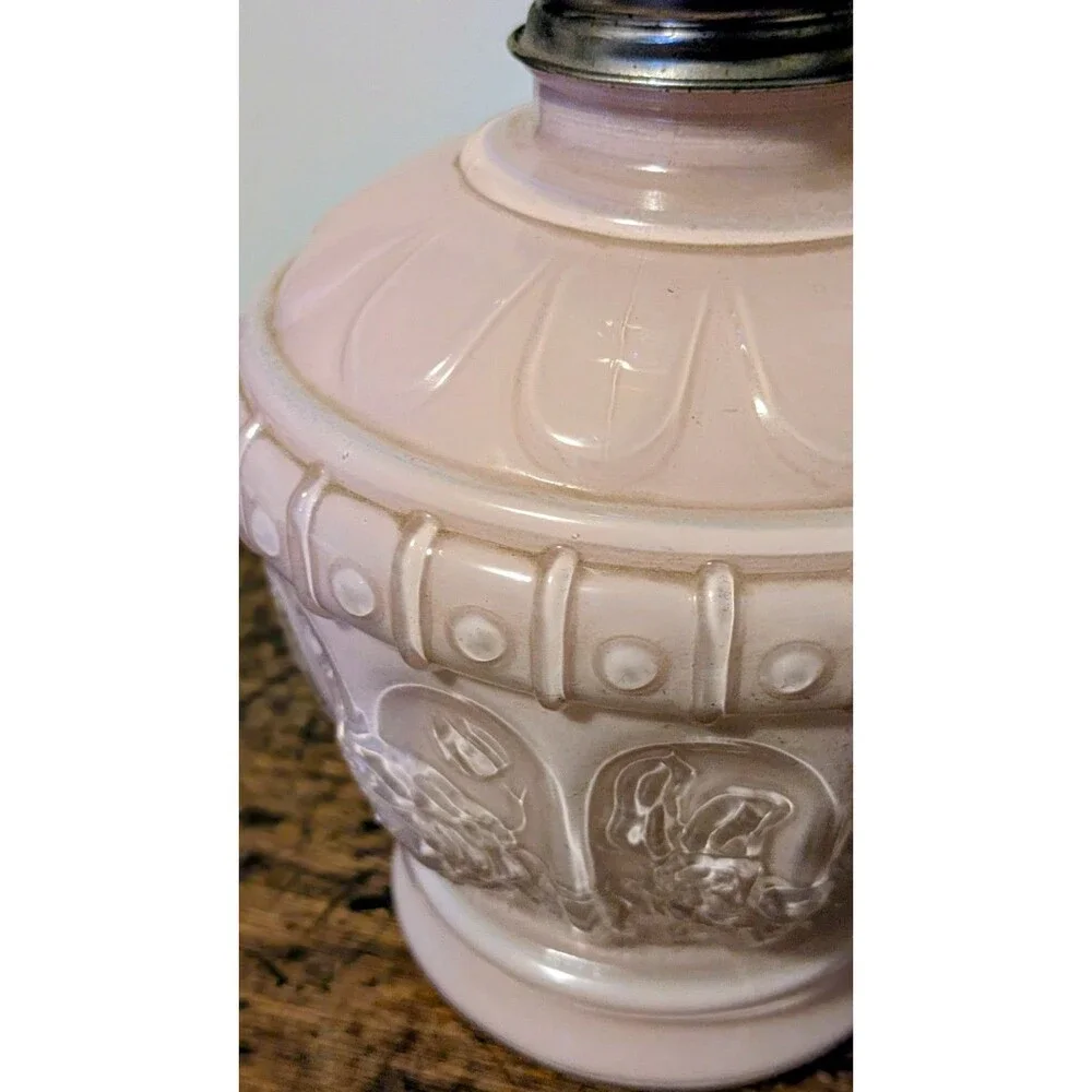 Vintage Kaadan Ltd Pink Embossed Glass Oil Lamp Kerosene Lamp w Clear Chimney
